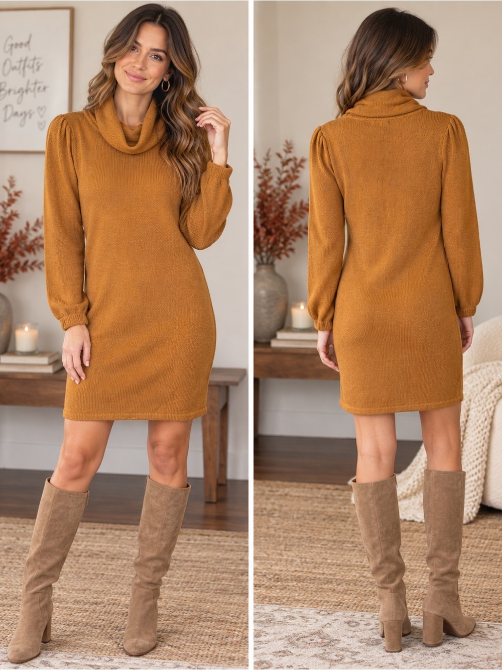 Tularosa Cowl Neck Mini Knit Dress in Mustard Size S Boho Fall Winter
